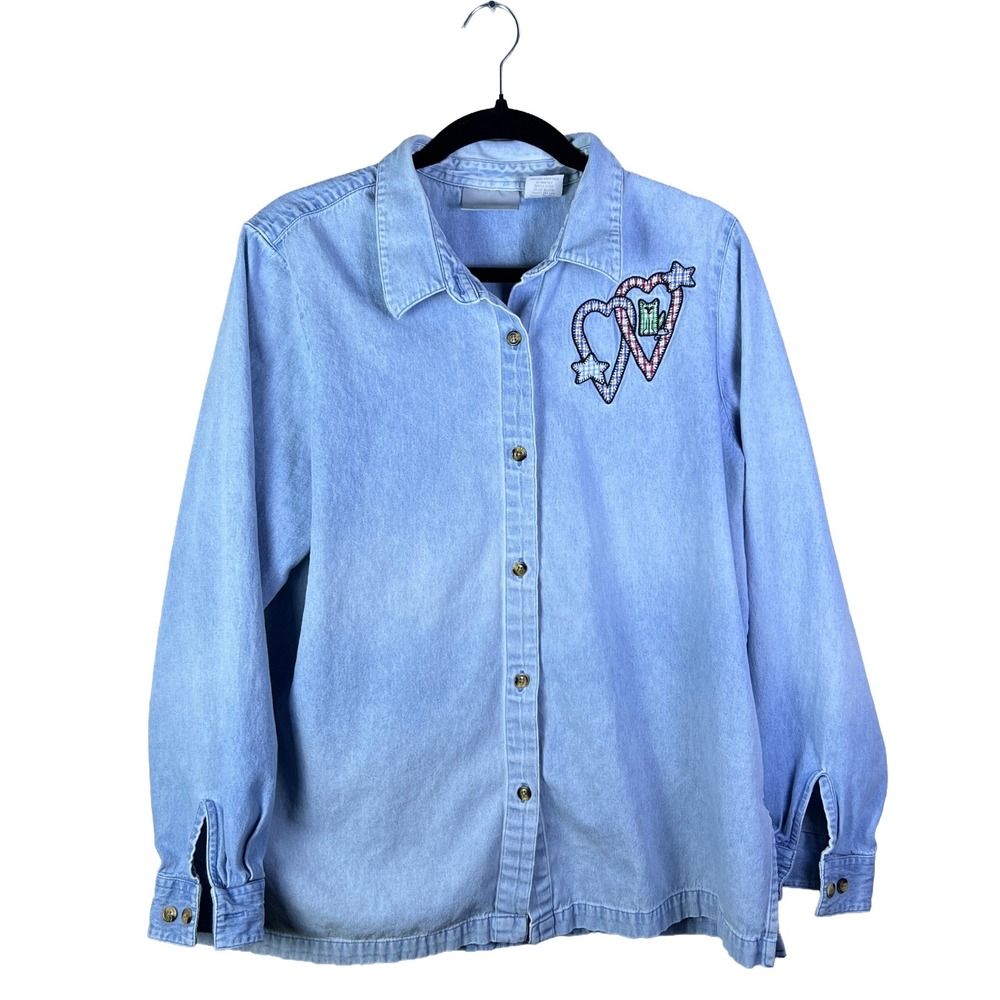2000s Blair Denim Button Up Shirt Women's L Grandmacore Cat Heart Patch